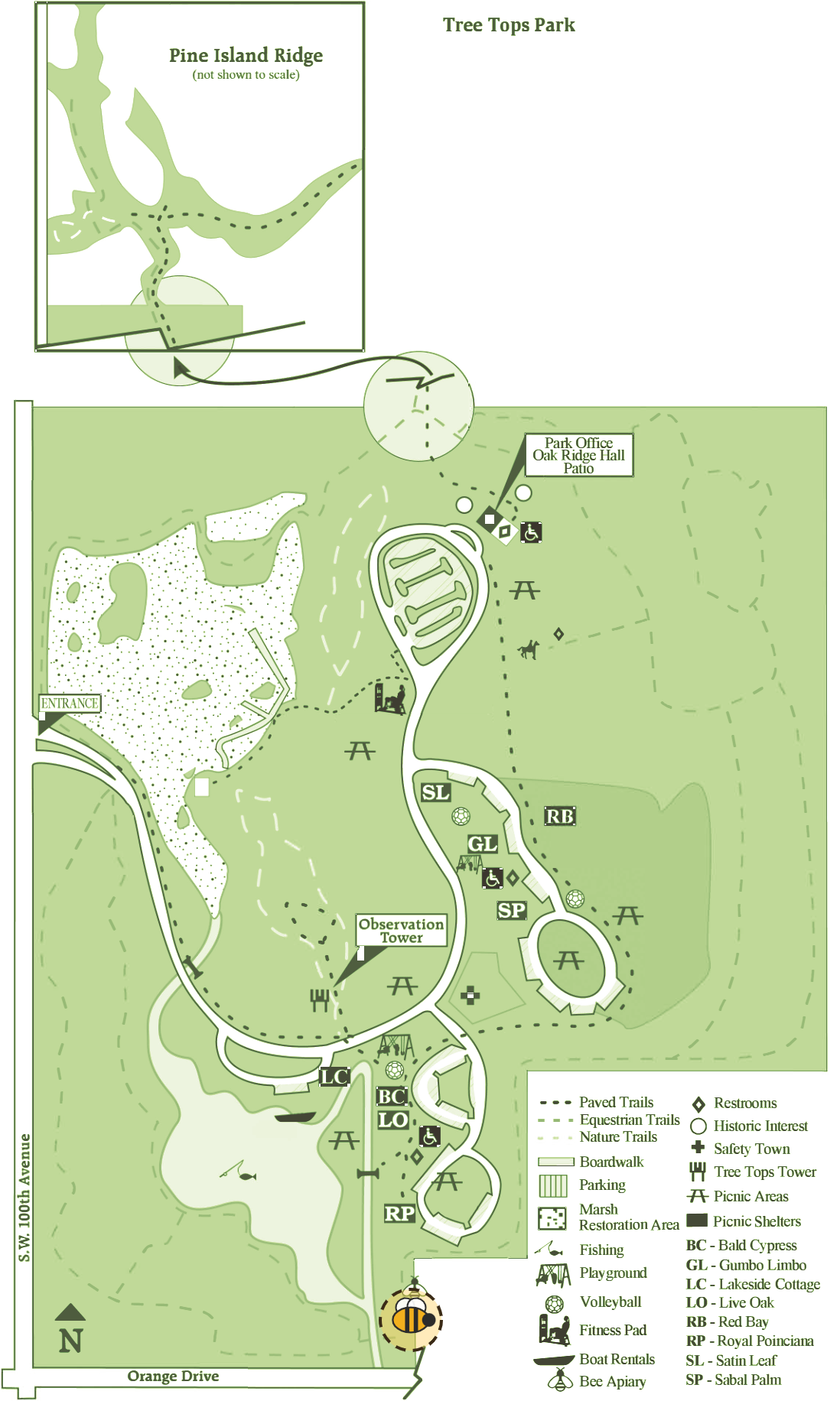 Official Tree Tops Park map with the BBA apiary marked by a bee icon